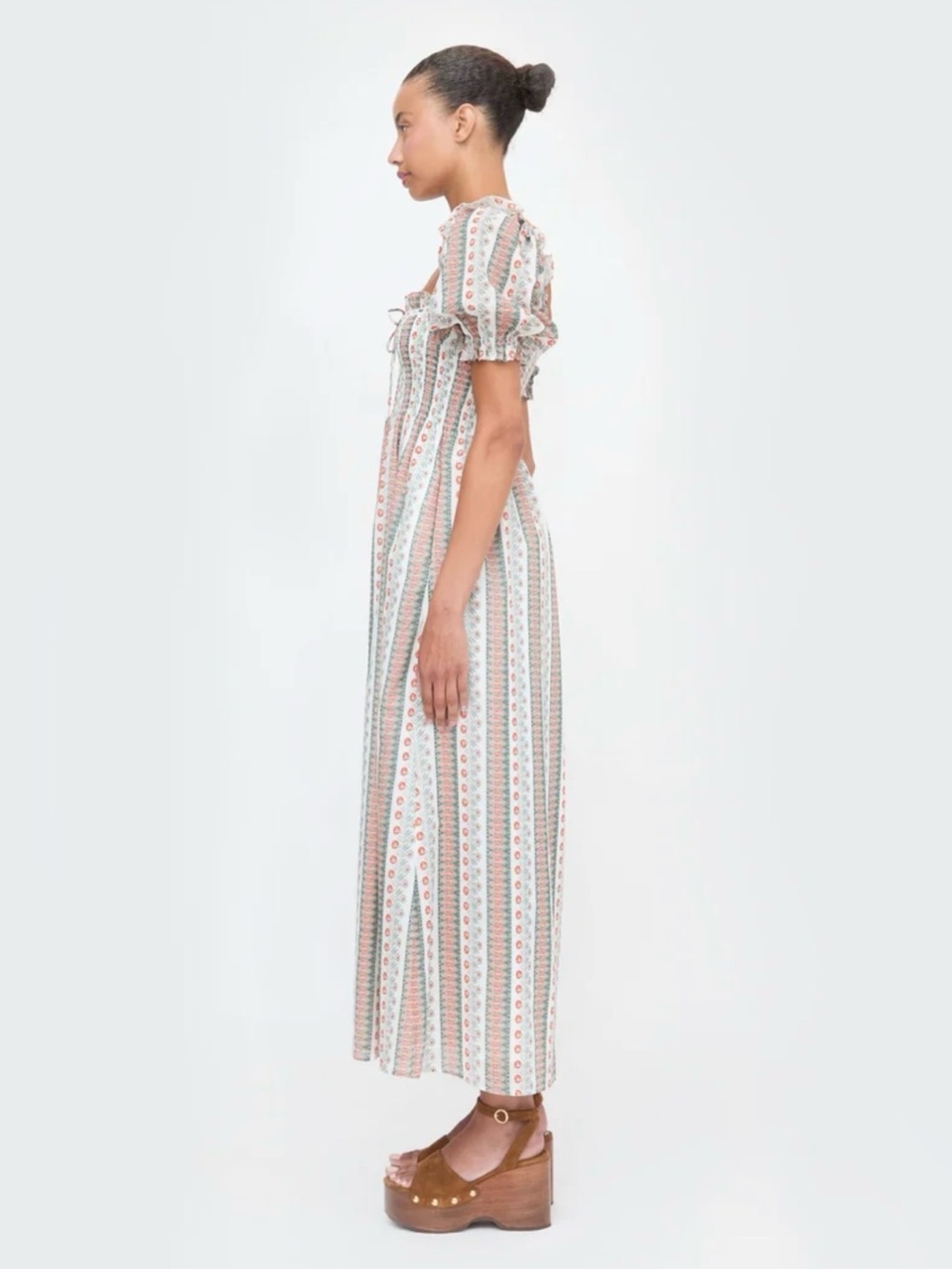 Hill House The Scarlet Midi Nap Dress Smocked in Cosmos Floral Stripe Sz M - Picture 3 of 12